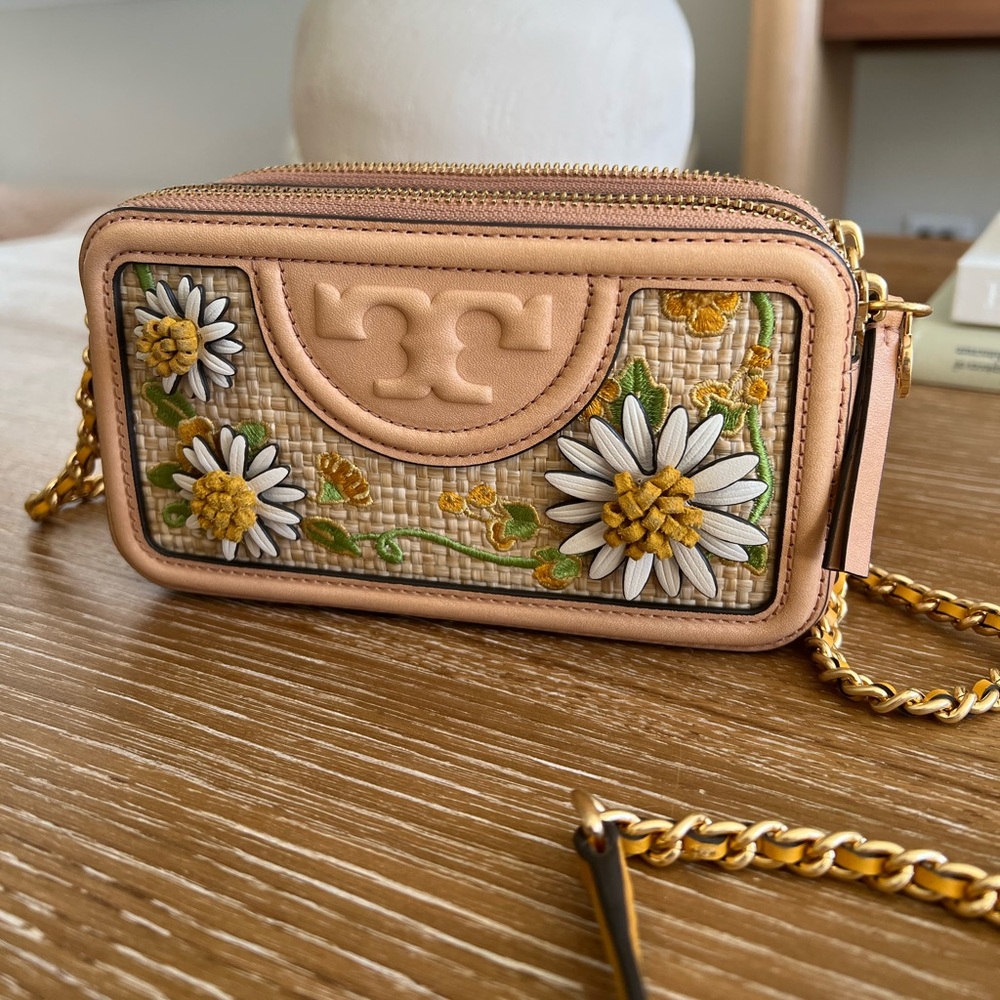 Tory Burch Fleming Embroidered Straw Double-Zip Mini Bag - Raffia crossbody